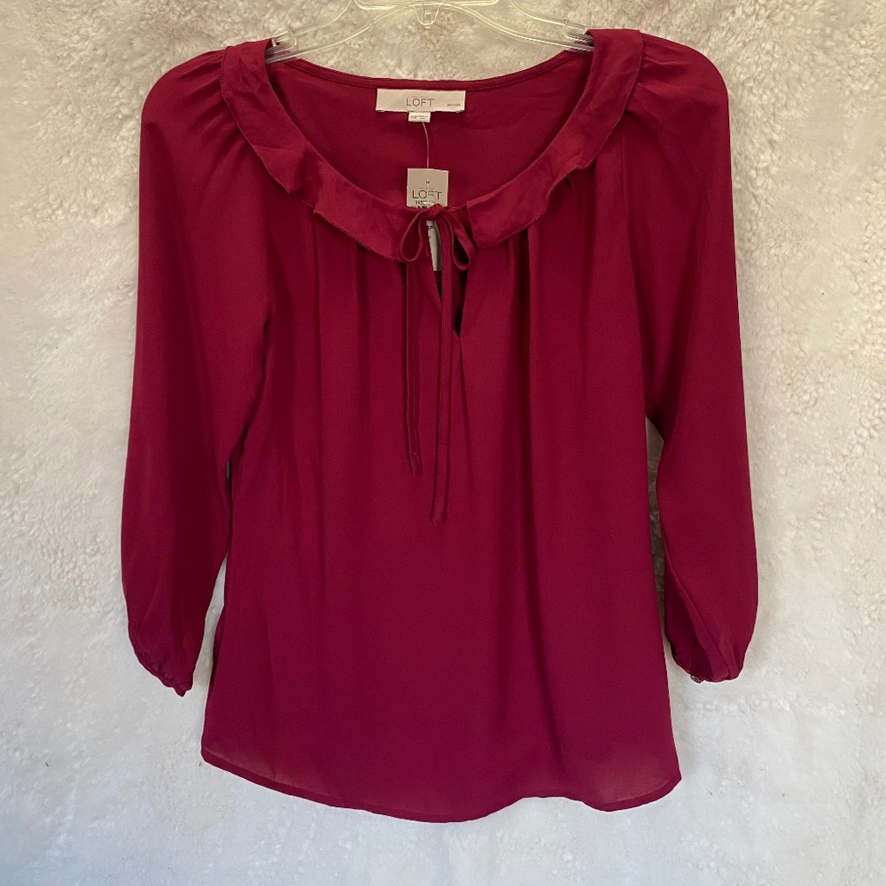 LOFT Petite Long Sleeve Blouse with Draw String Collar in Red - Size XXSP (NWT)
